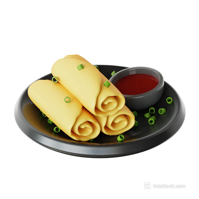 Golden Rolled Crepes With Chopped Green Onions On Black Plate And Red Dipping Sauce 3d model